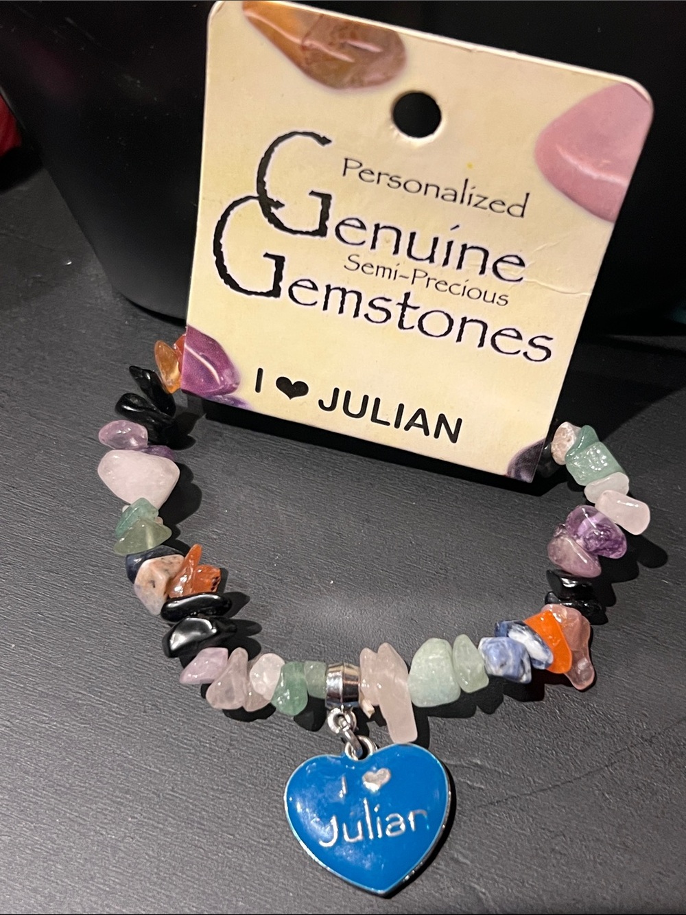 Personalized Julian Multicolor Genuine Gemstone Bracelet with Blue Heart Charm